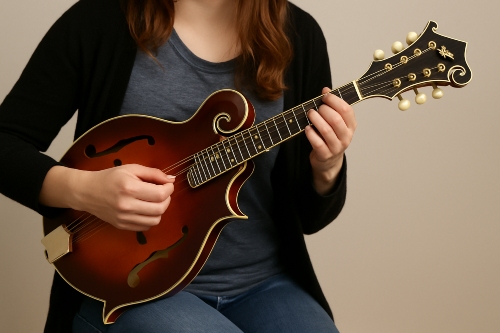 What's the Difference Between A-Style and F-Style Mandolins? 1 Woman playing A-style mandolin in folk session"