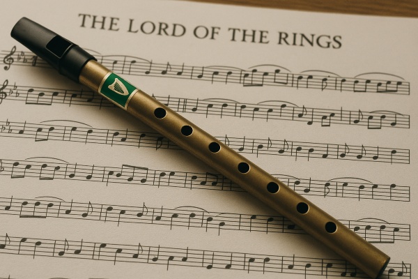 Exploring the Tin Whistle’s Role in the Lord of the Rings Soundtrack 1 Lord of the Rings tin whistle resting on sheet music from the movie soundtrack